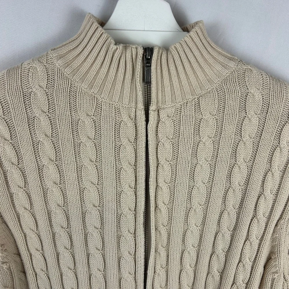 LL Bean Womens Large Petite Beige Cable Knit Full Zip Cotton Cardigan Sweater